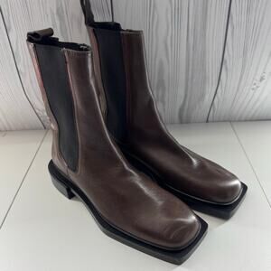Zara Dark Brown Leather Chelsea Square Toe Bootie Like New Size 7.5 (38)